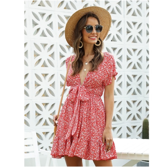 Rouge! Dresses & Skirts - Deep V Tie Front Ditsy Floral Flared Mini Dress